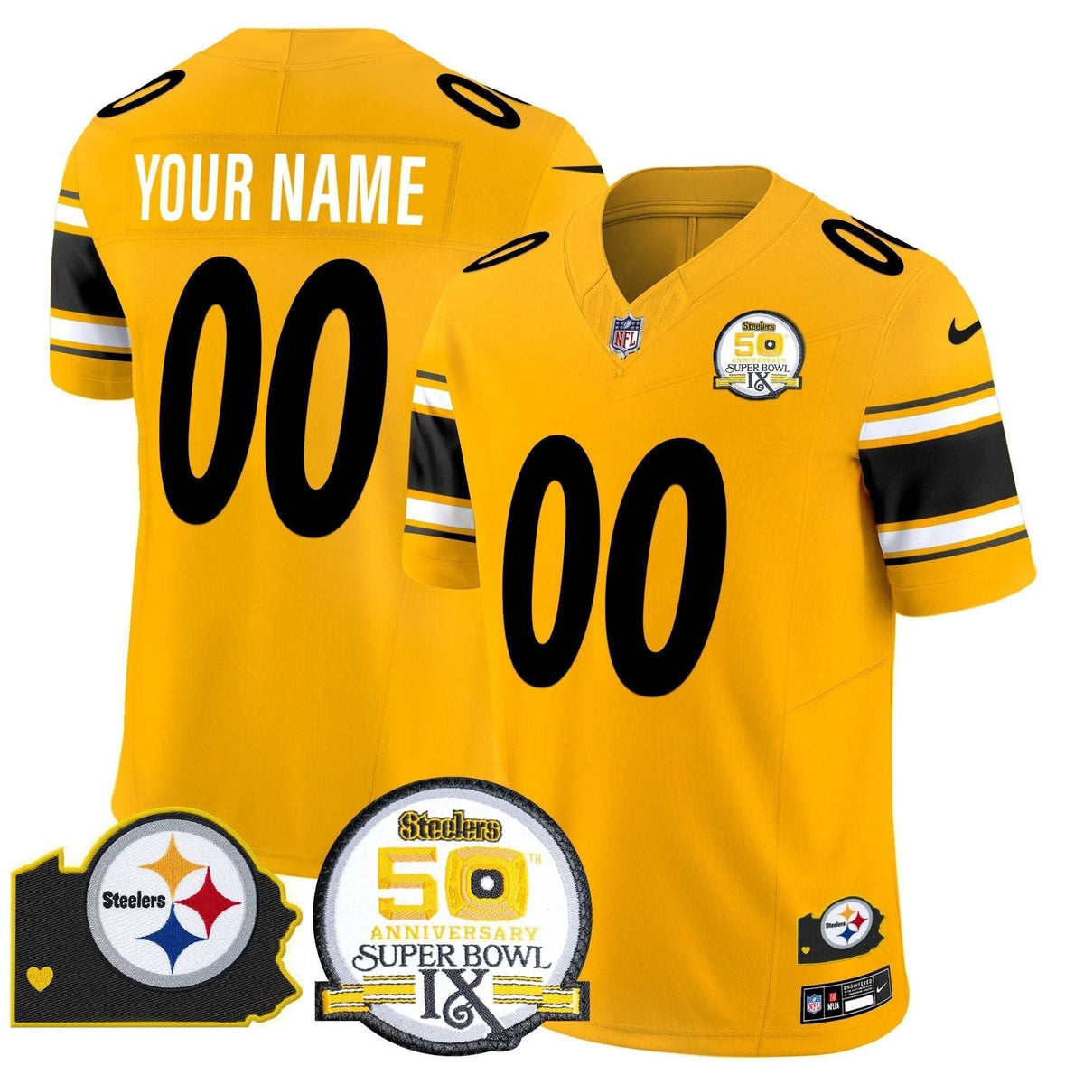 Steelers 50th Anniversary Of Super Bowl IX & Map Patch Vapor Limited Custom Jersey - All Stitched