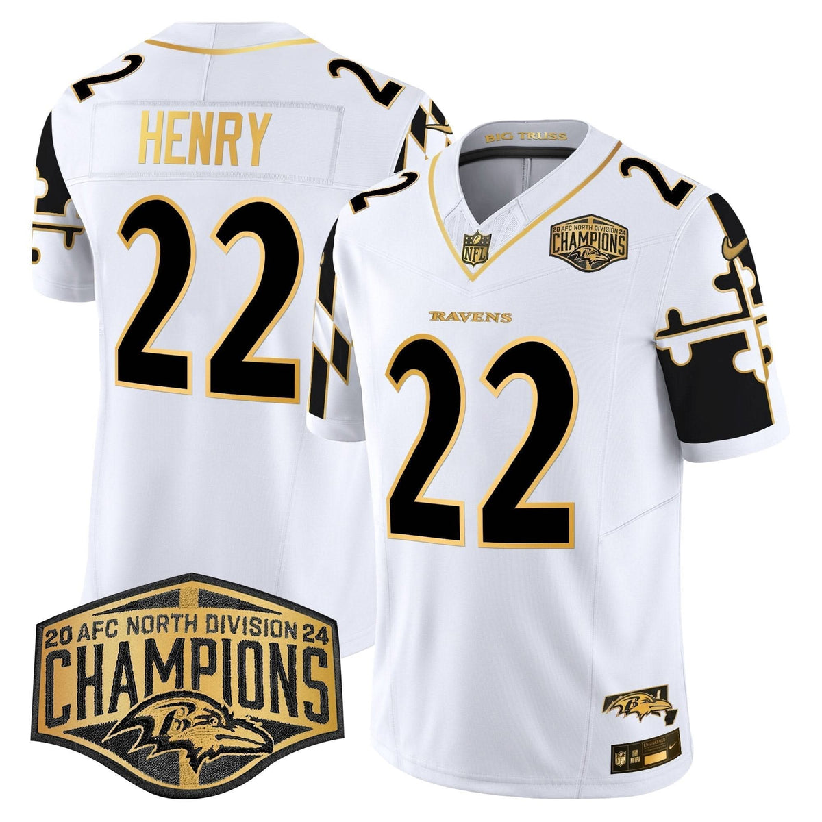 Ravens Maryland Flag Map 2024 AFC North Division Champions Patch Gold Vapor Limited Jersey - All Stitched